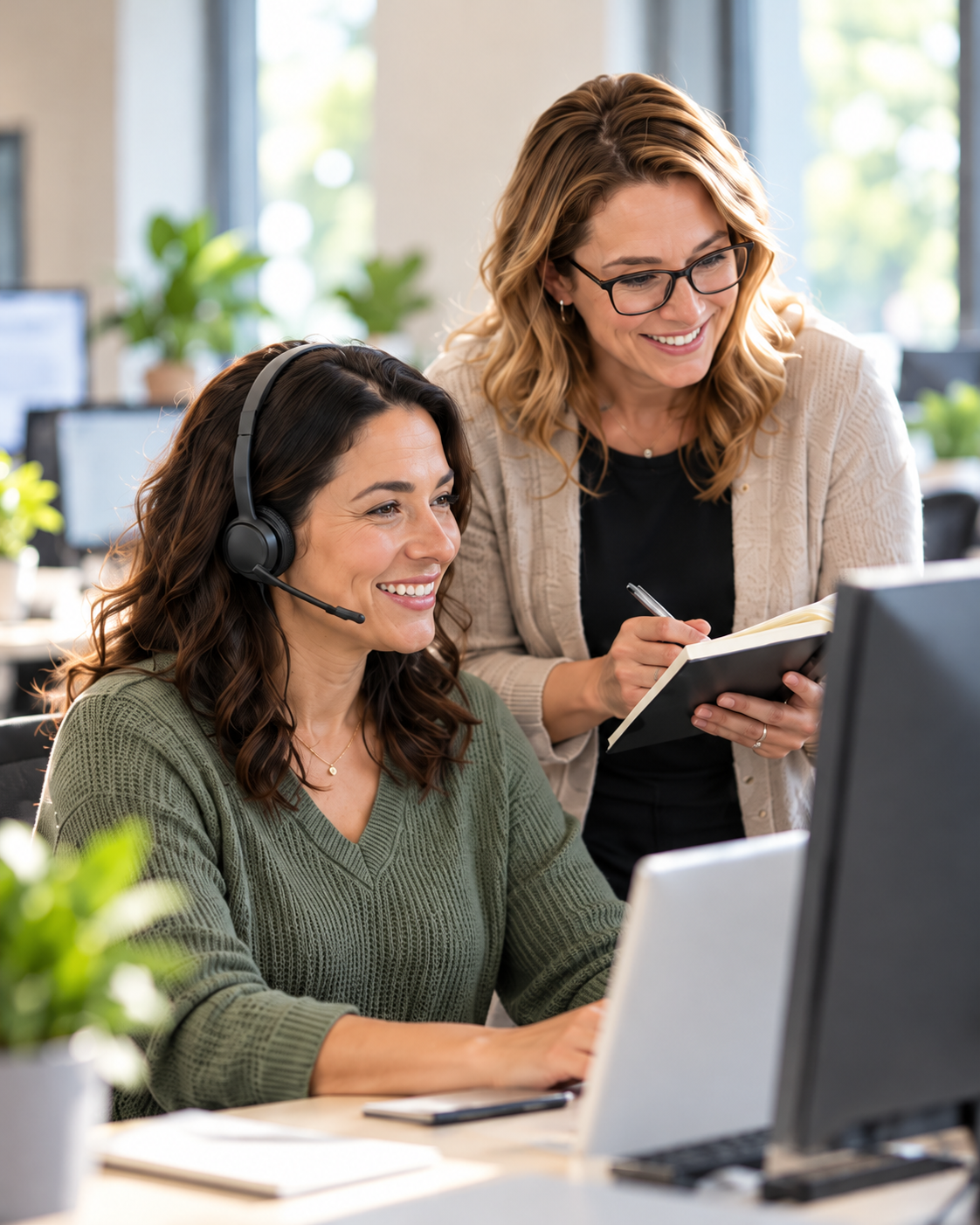 Illustration of two office support professionals working together at a computer.